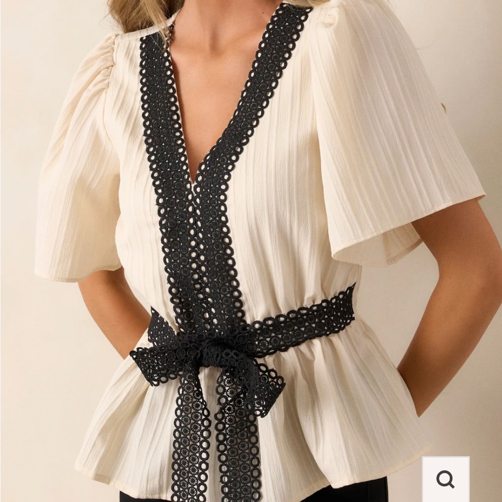 Women's Cream Peplum Top with Black Lace Trim